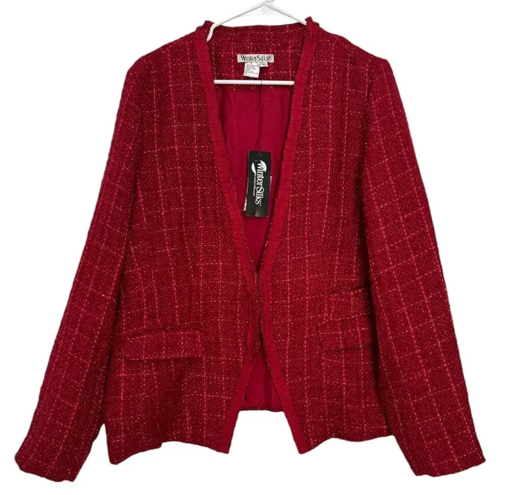 NWT WinterSilks red silk Multi Woven tweed collarless blazer coat size XL